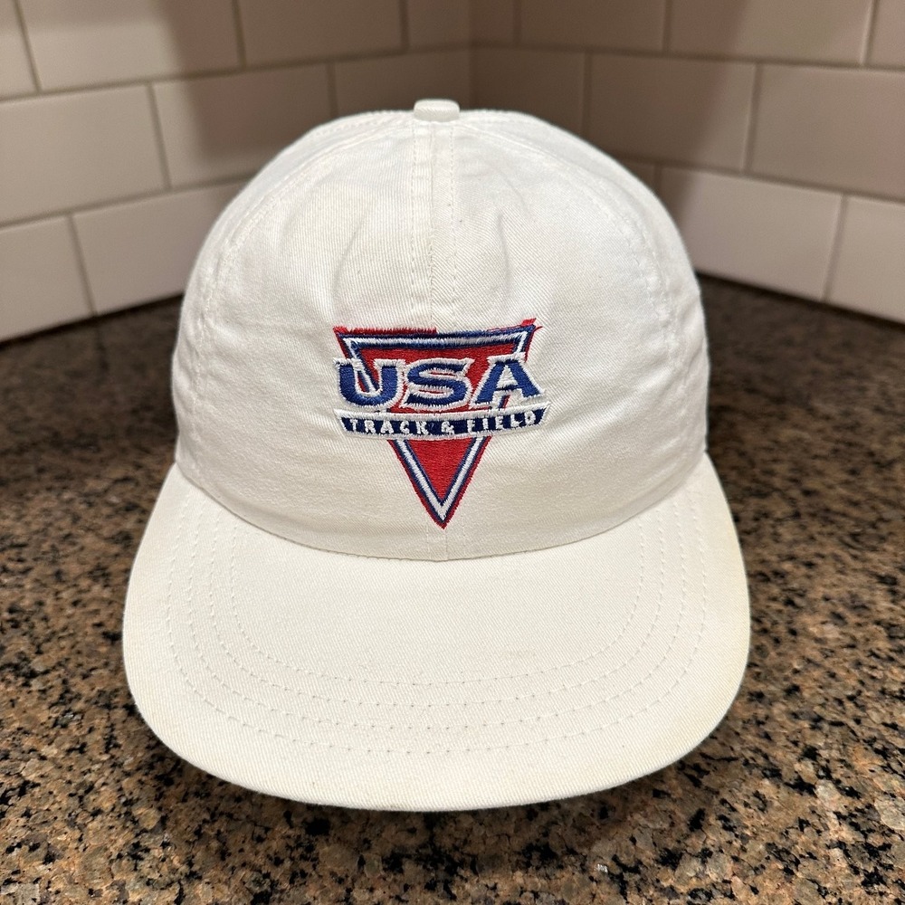 Vtg USA Track & Field Nike Baseball Cap White‎ Stretch Fit Hat Made in USA